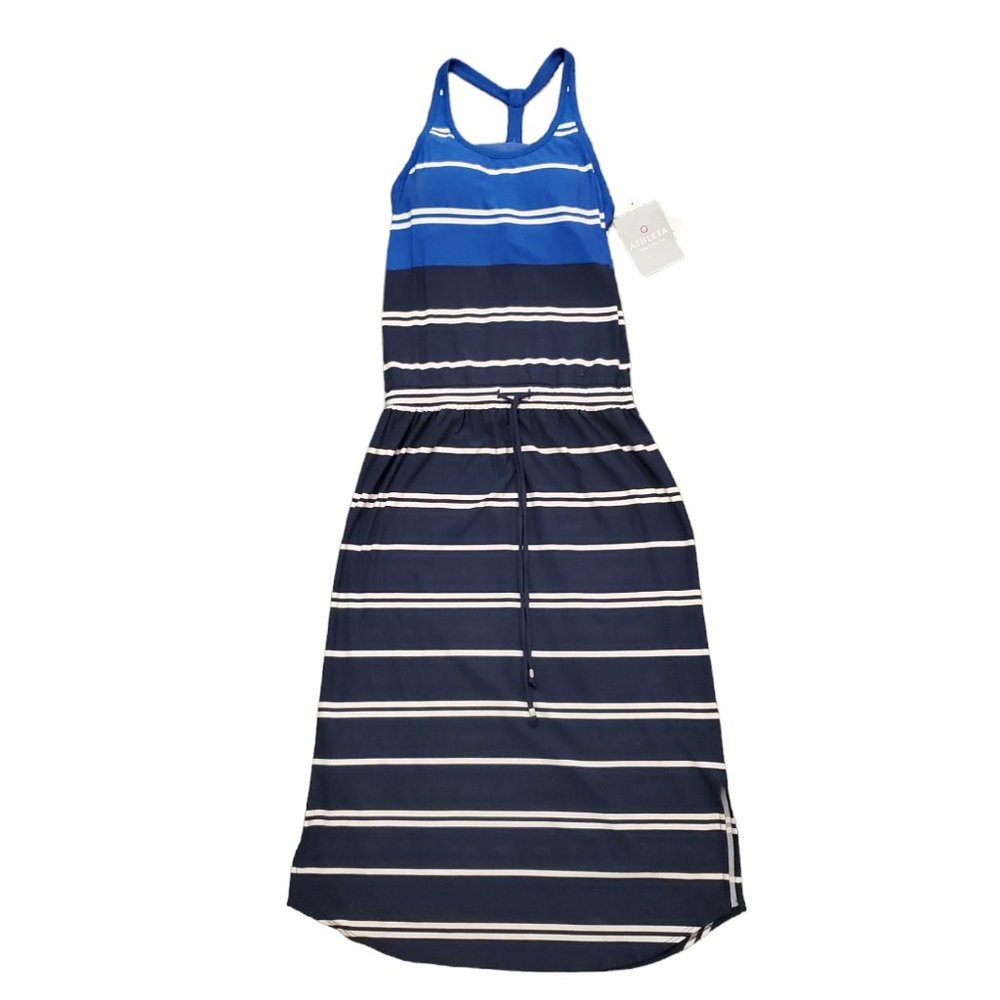 NWT Athleta XS 439149 Cressida Stripe Midi Blue White Shelf Bra Dress A18